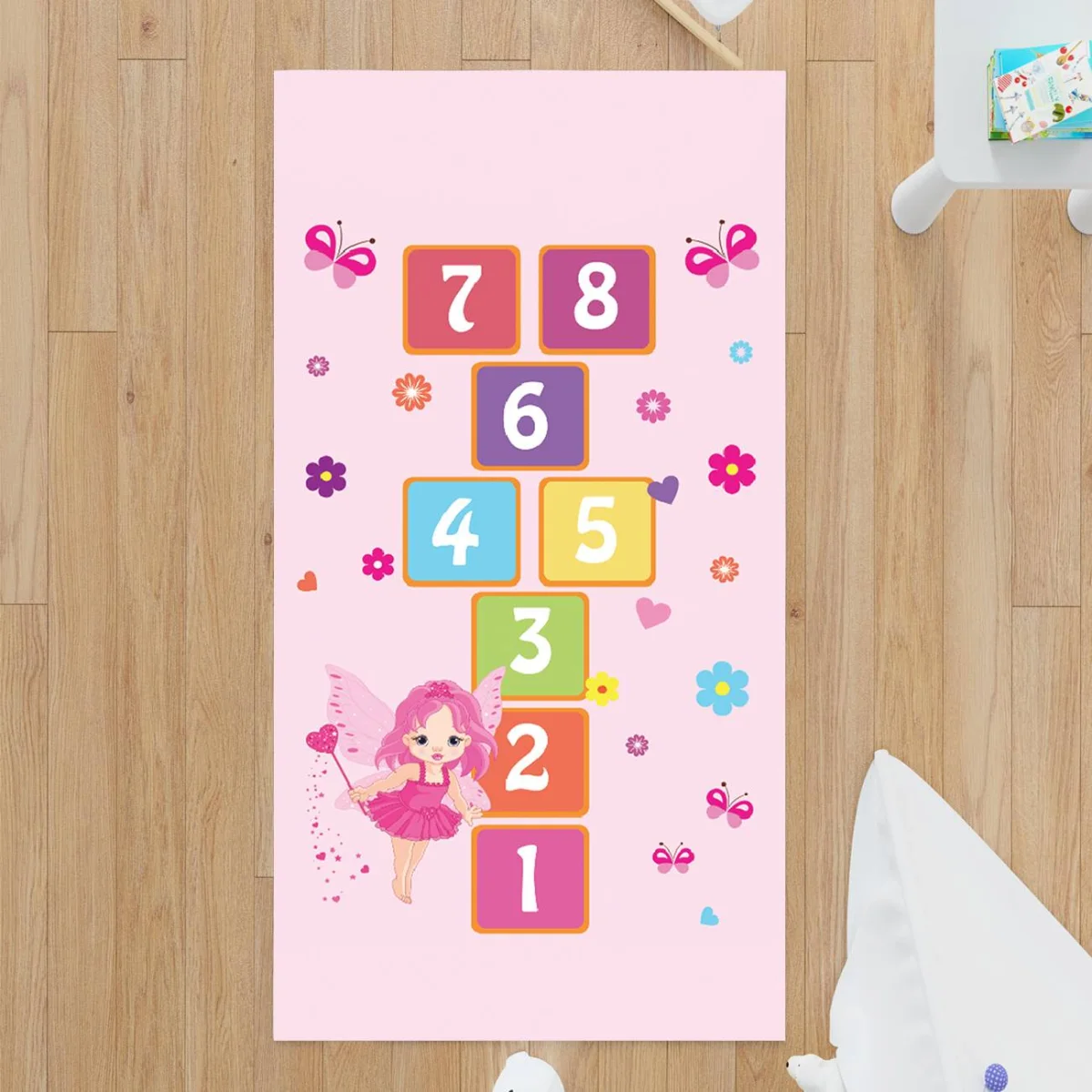 Peri, Sayı Seksek Çocuk Halısı | Pembe kelebek, çiçek Desenli
