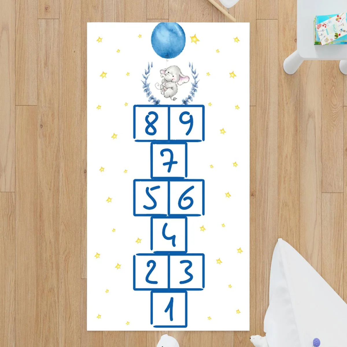 Fil Çocuk Halısı | Beyaz yıldızlar, mavi balon Desenli