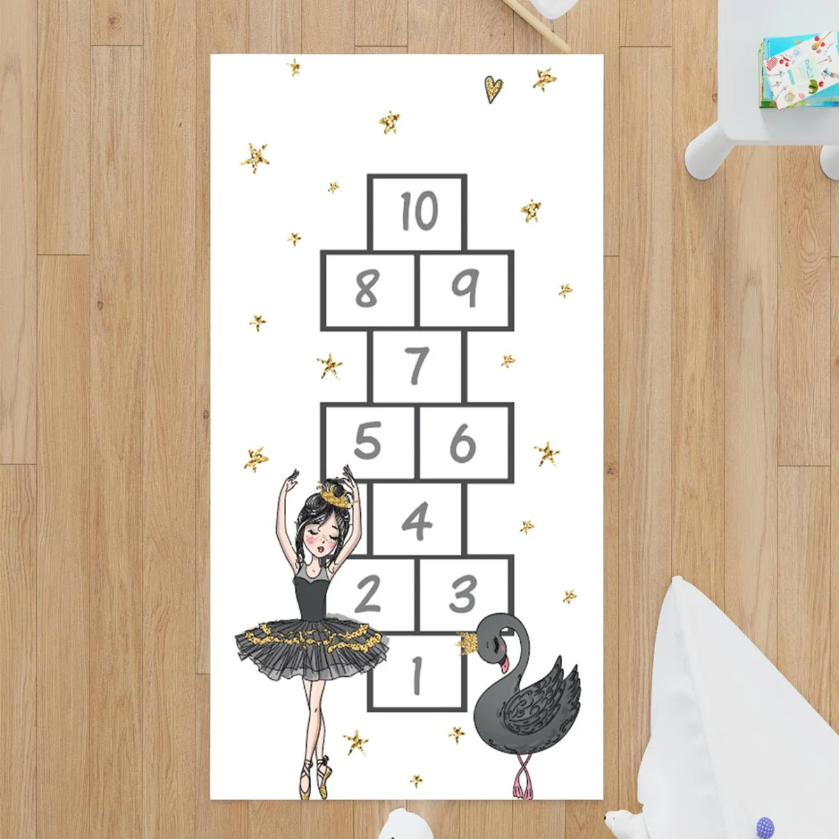 Balerin ve Kuğu (Siyah Kuğu) Çocuk Halısı | Beyaz yıldızlar, seksek oyunu Desenli