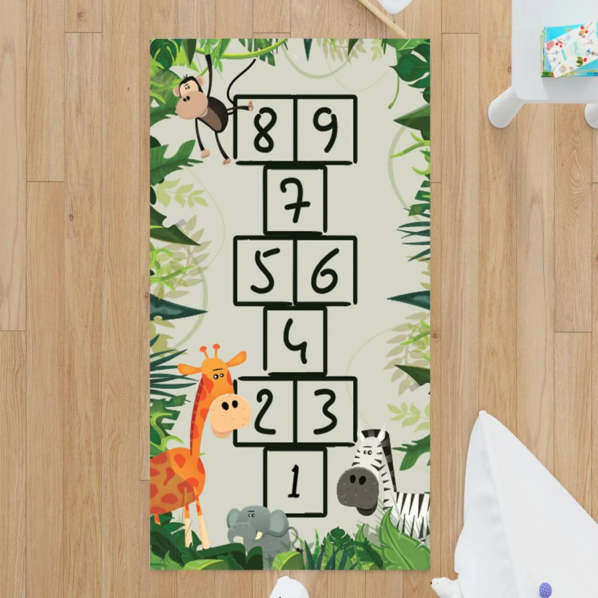 Orman Hayvanları Çocuk Halısı | Açık Bej Sayı oyunlu, yaprak detaylı Desenli