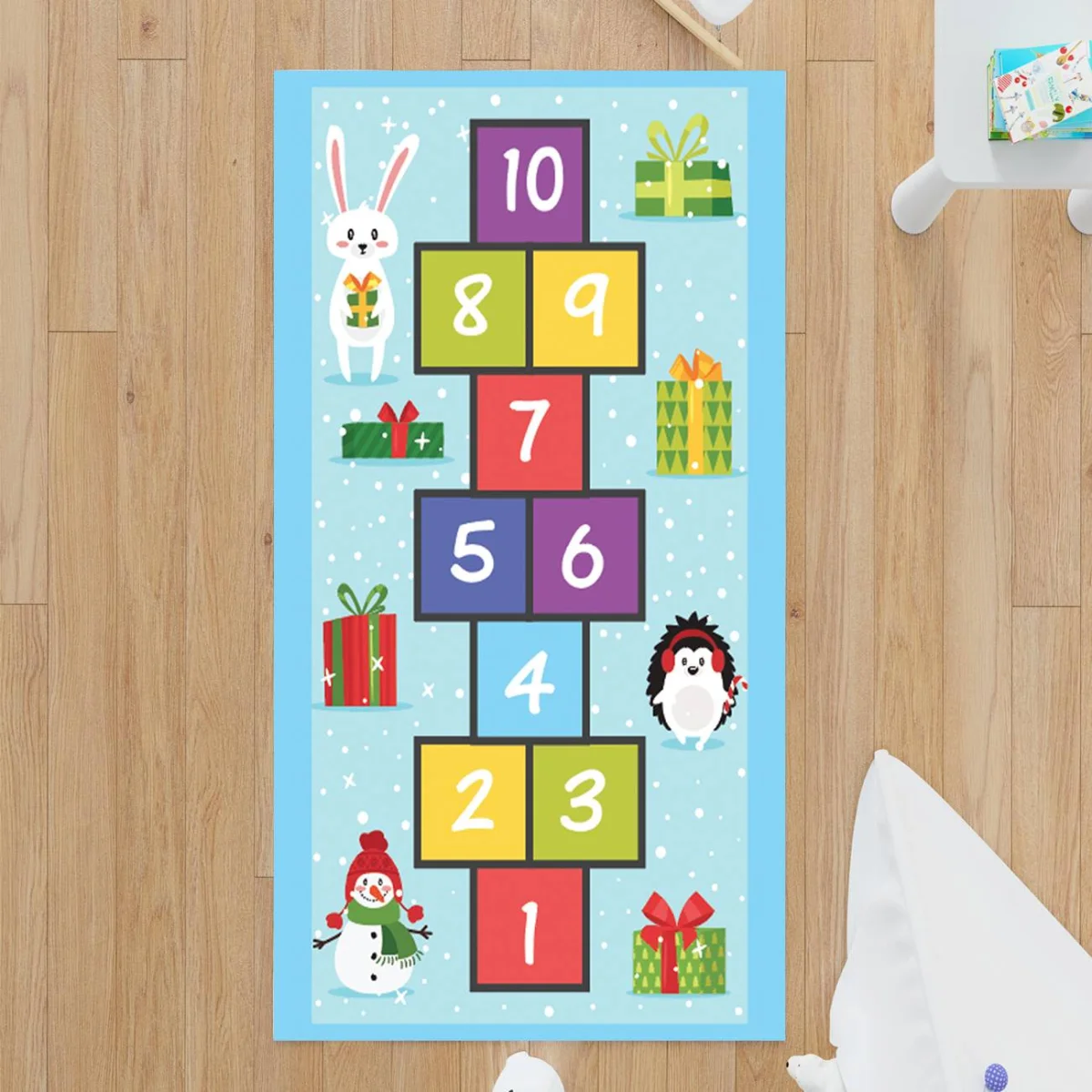 Kış Temalı Hayvanlar, Hediyeler, Sayılar Çocuk Halısı | Açık Mavi Sayılar, Kardan Adam Desenli