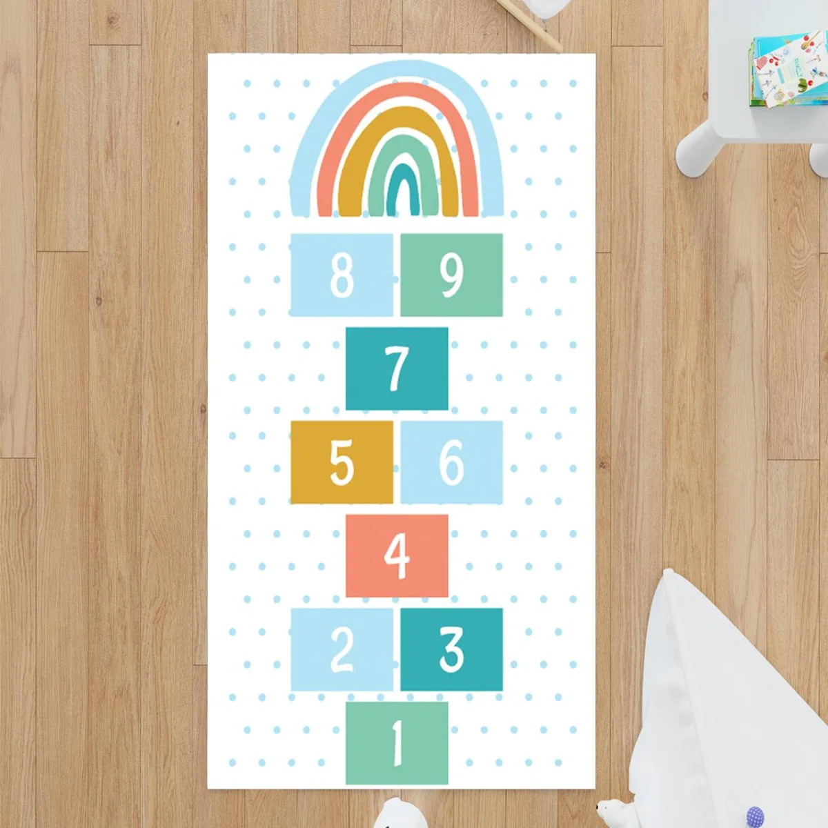 Gökkuşağı ve Seksek Oyunu Çocuk Halısı | Beyaz Gökkuşağı, sayılar Desenli