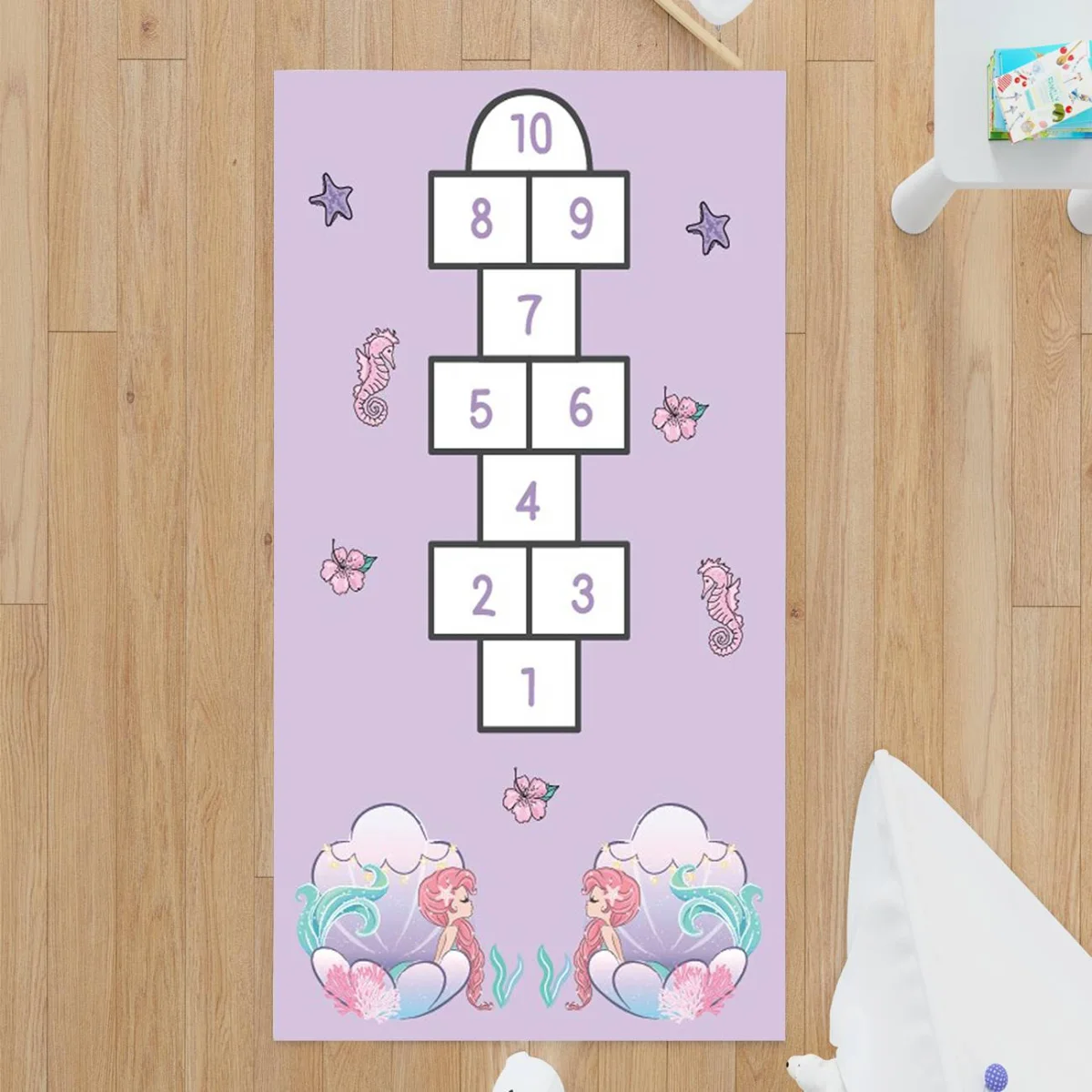 Deniz Kızı Çocuk Halısı | Lila deniz kızı, deniz atı Desenli