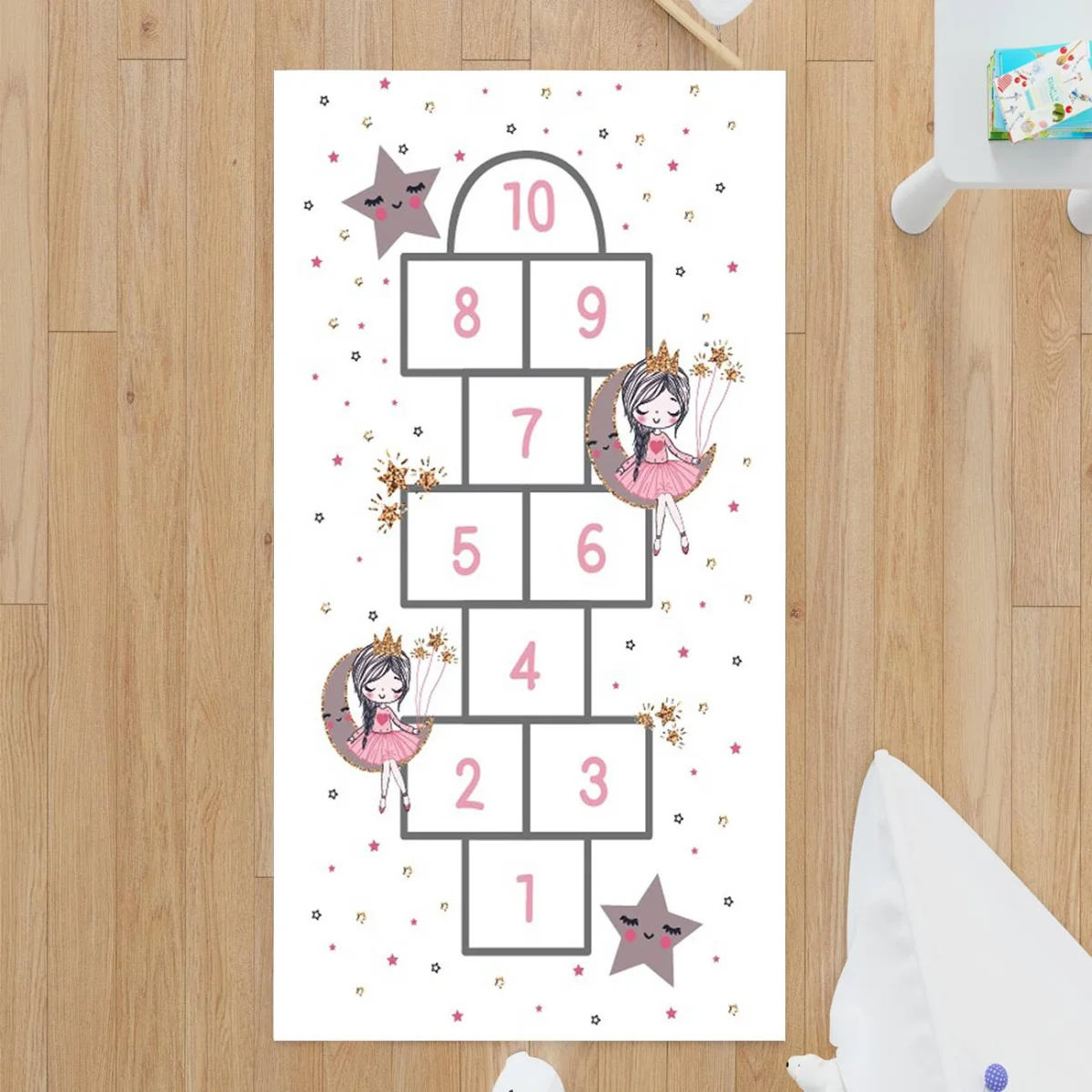 Prenses, Ay ve Yıldızlar Çocuk Halısı | Beyaz Seksek, ay Desenli