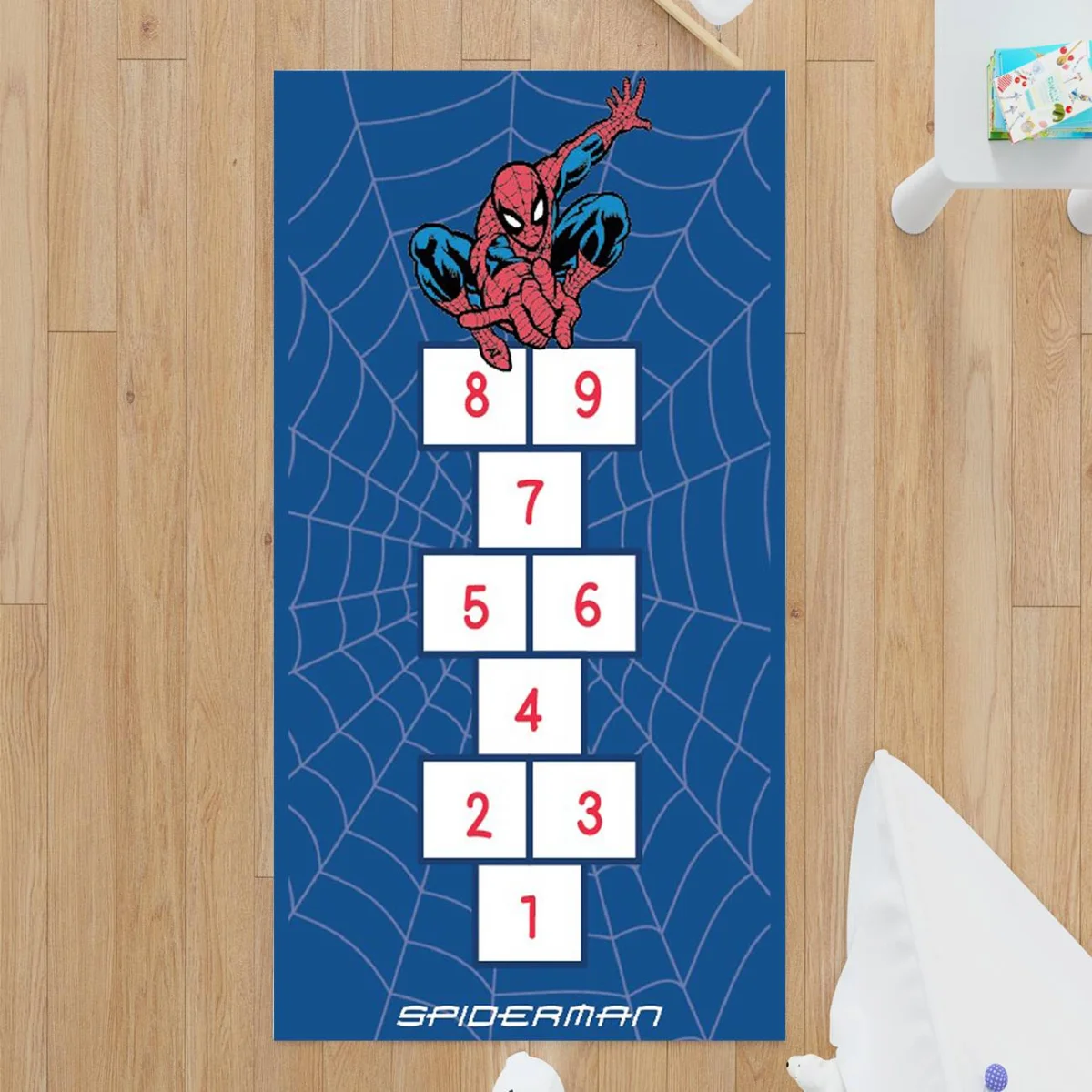 Spiderman Çocuk Halısı | Mavi örümcek ağı, sayı kutuları Desenli