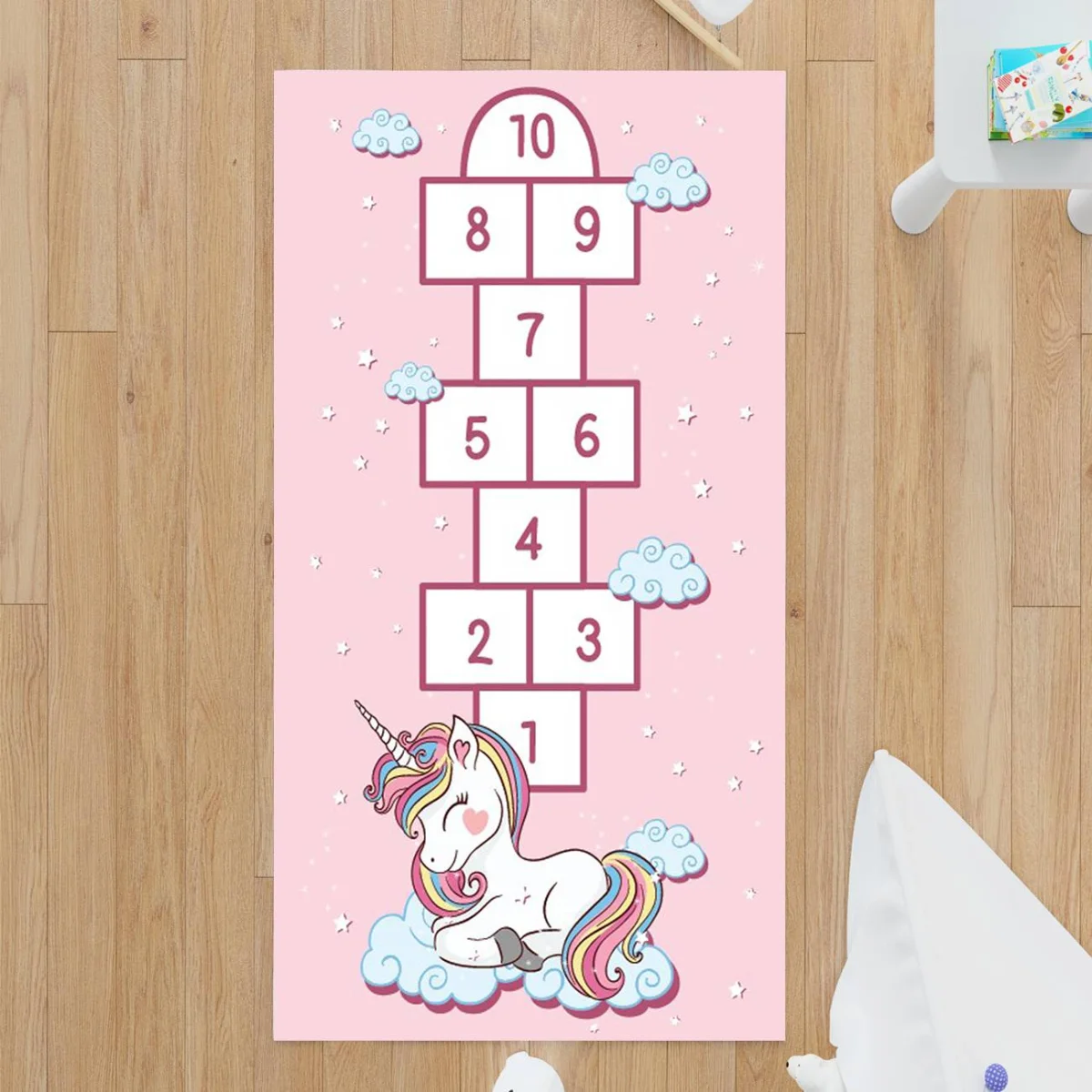 Unicorn Çocuk Halısı | Pembe Yıldız, bulut Desenli