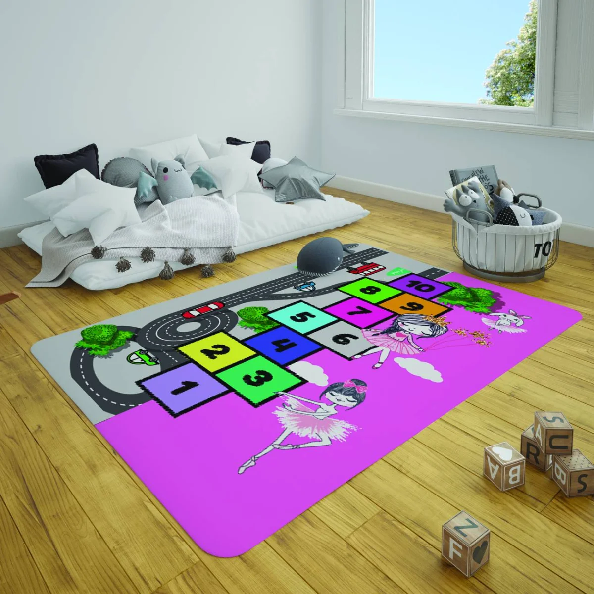 Balerinler ve Hopscotch Çocuk Halısı | Pembe Yol, arabalar Desenli