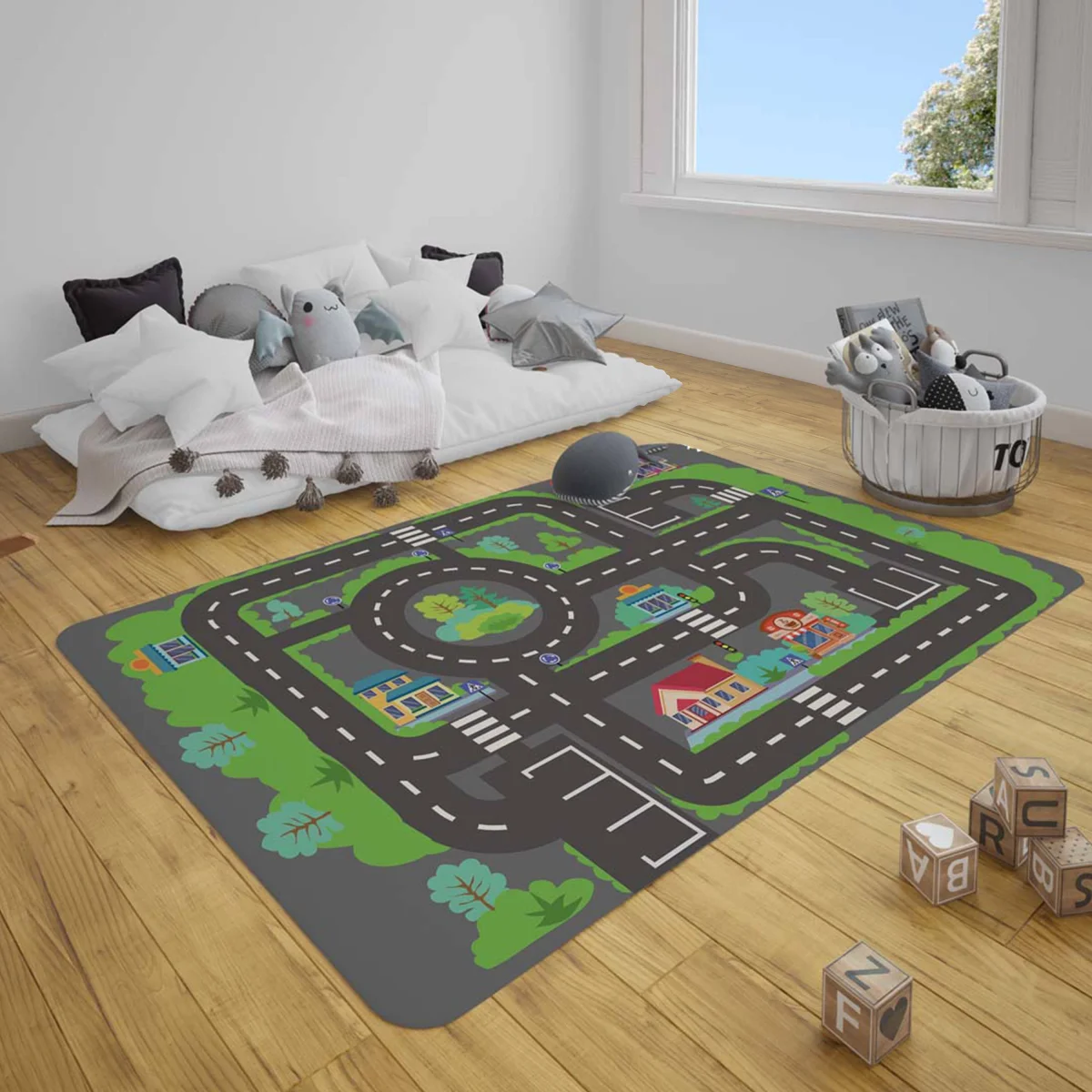 Şehir haritası Çocuk Halısı | Koyu Gri yollar, binalar Desenli