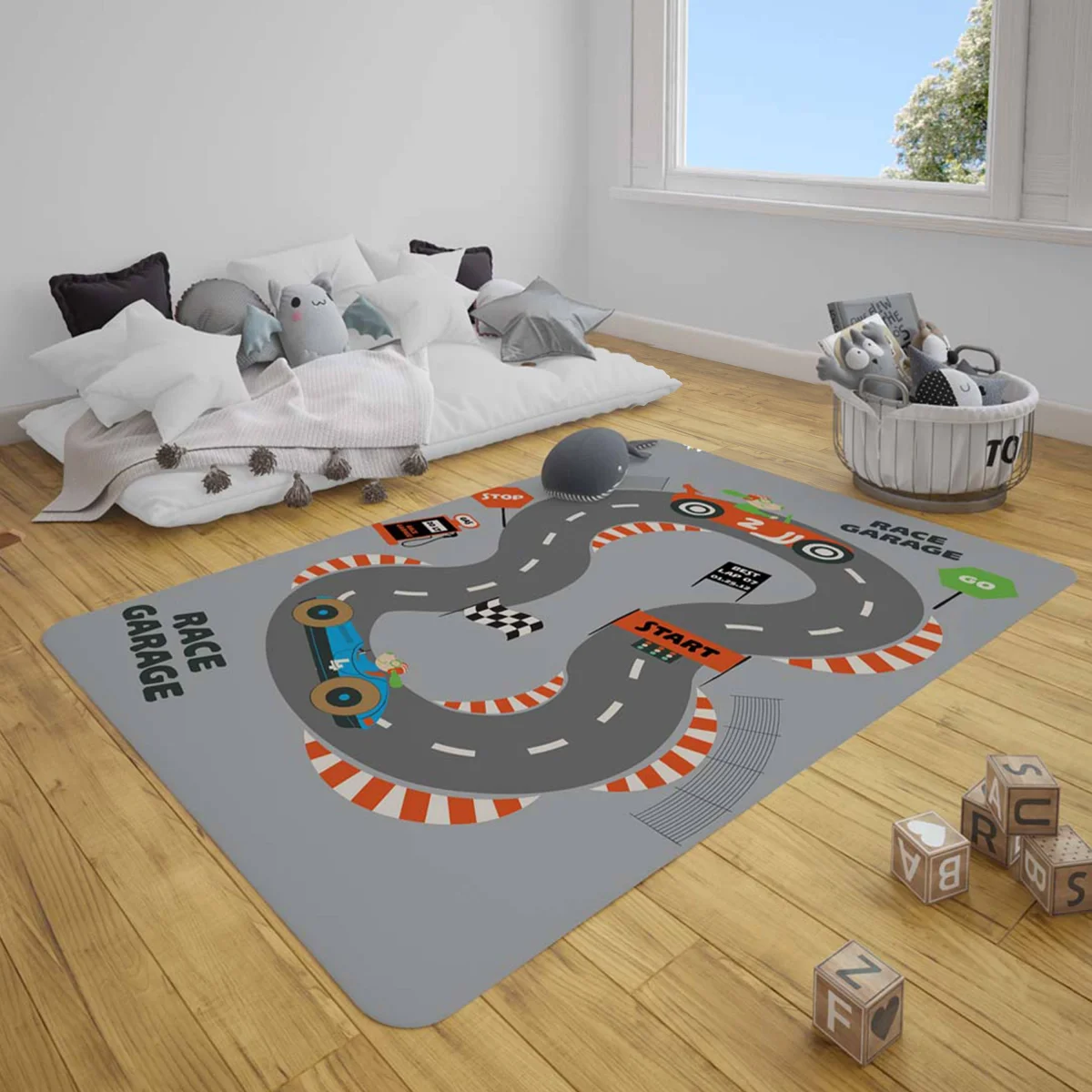Yarış Pisti, Yarış Arabaları Çocuk Halısı | Gri yarış pisti, çizgi film arabalar Desenli