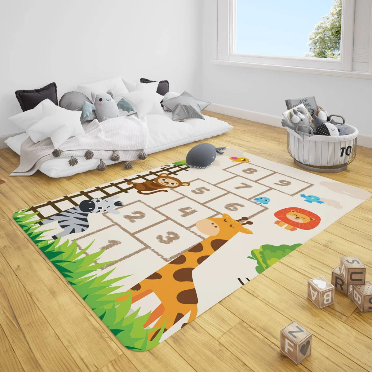 Orman Hayvanları Çocuk Halısı | Beyaz Sayı ızgarası, yeşil çimenler Desenli