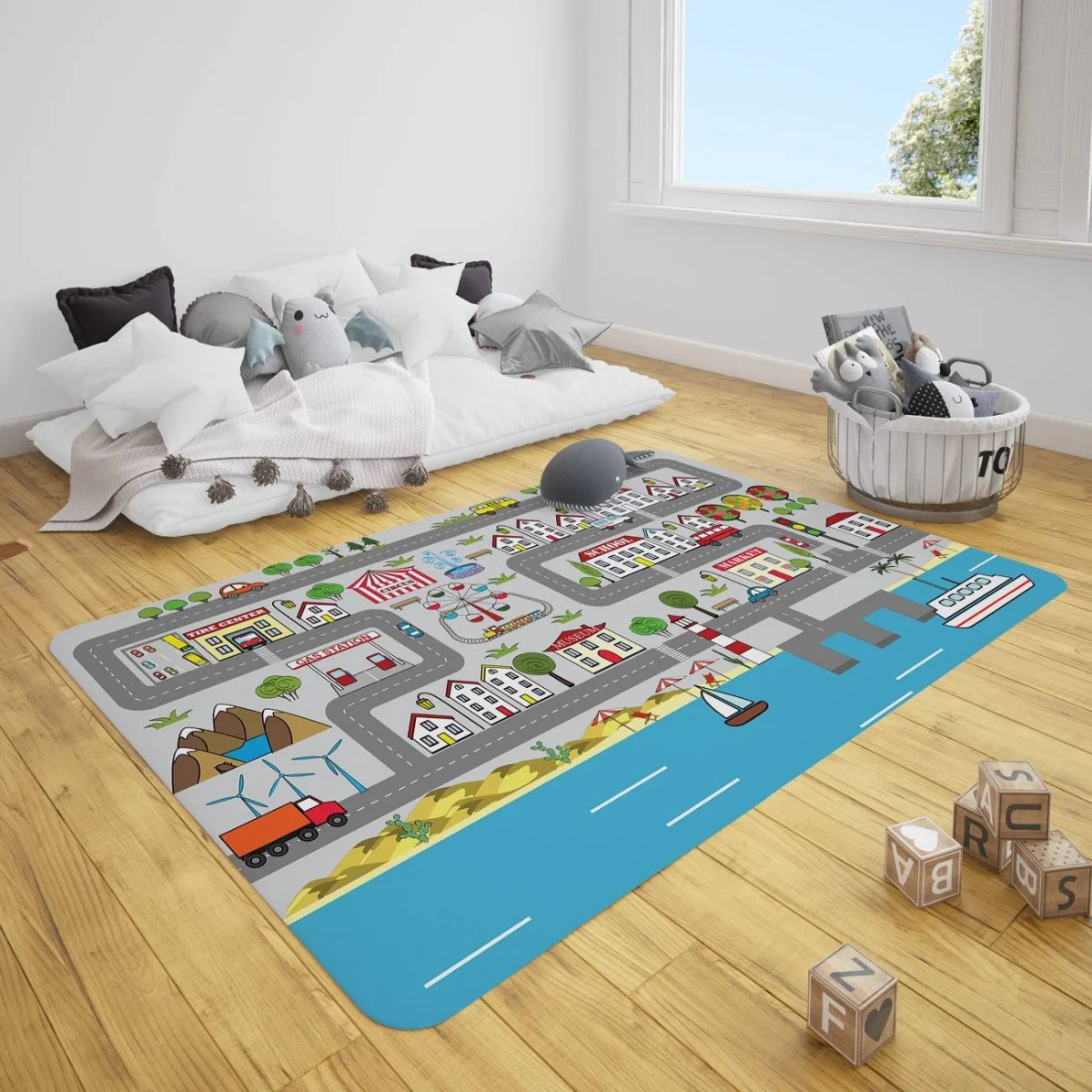 Şehir Çocuk Halısı | Gri Evler, arabalar Desenli