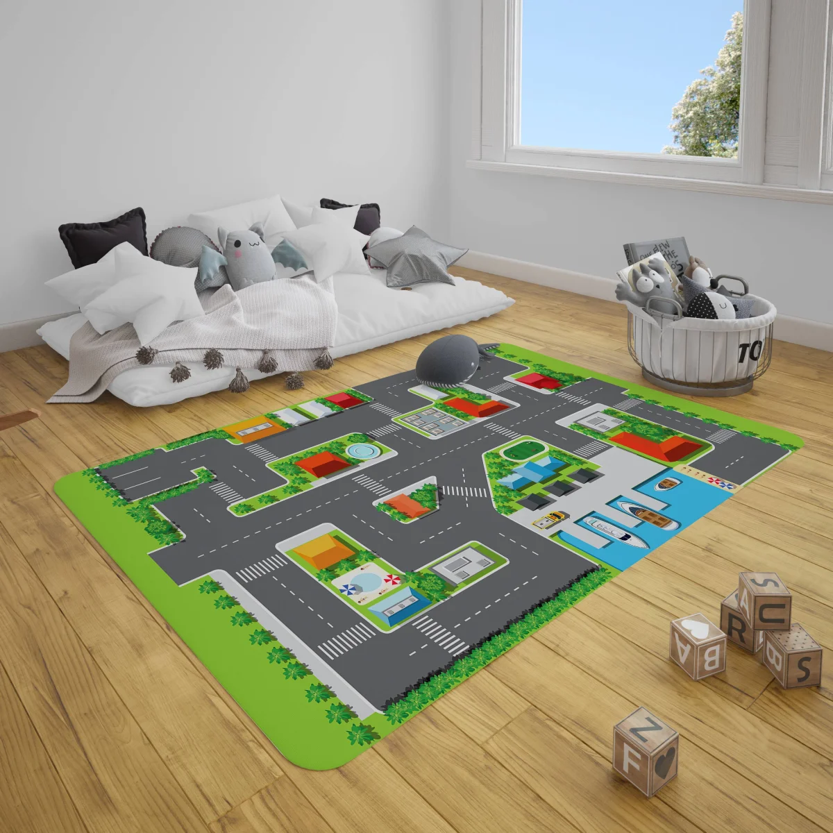 Şehir haritası Çocuk Halısı | Gri Yollar, binalar Desenli