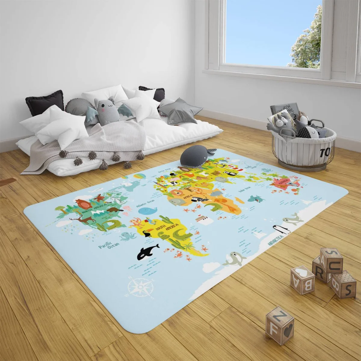 Hayvanlı Dünya Haritası Çocuk Halısı | Mavi Kıtalar, okyanuslar Desenli