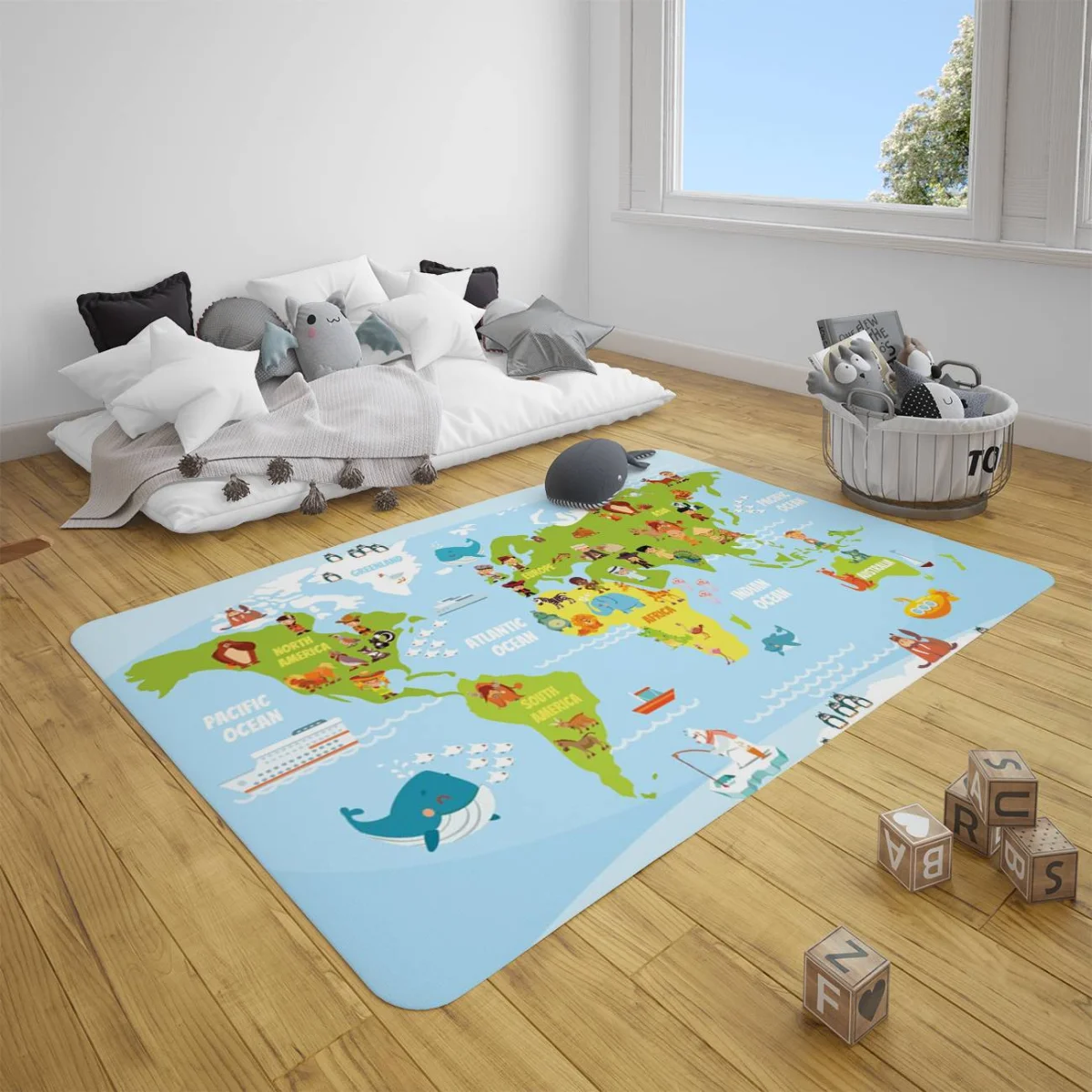 Dünya Haritası Çocuk Halısı | Açık Mavi Kıtalar, okyanuslar Desenli