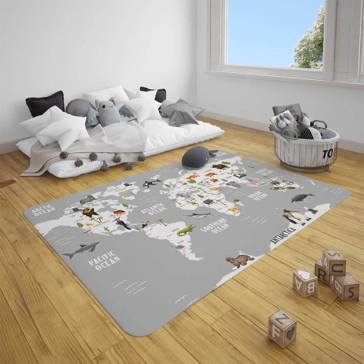 Dünya Haritası ve Hayvanlar Çocuk Halısı | Gri kıtalar, okyanuslar Desenli