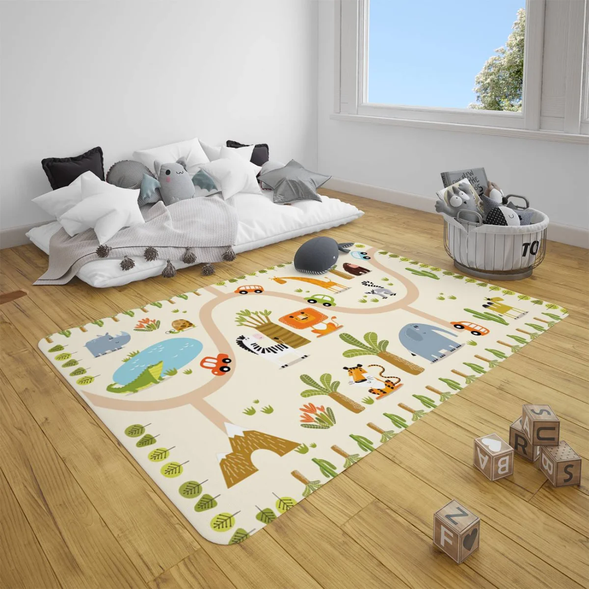 Orman Hayvanları Çocuk Halısı | Bej Yollar, ağaçlar Desenli