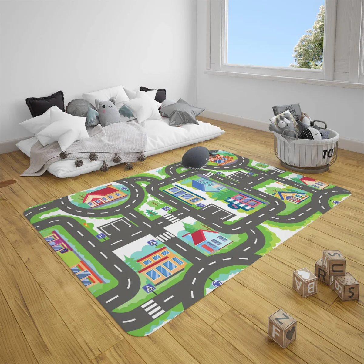 Şehir Haritası Çocuk Halısı | Beyaz Yollar, evler Desenli