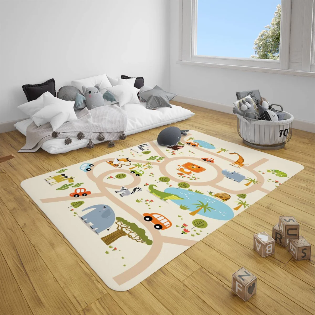 Orman Hayvanları Çocuk Halısı | Krem yollar, arabalar Desenli