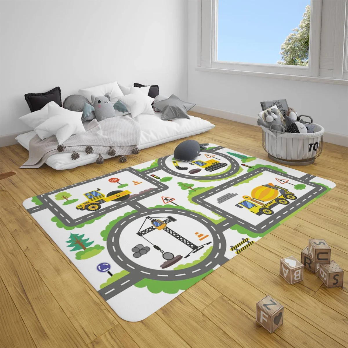 İnşaat Şantiyesi Çocuk Halısı | Beyaz Yollar, inşaat araçları Desenli