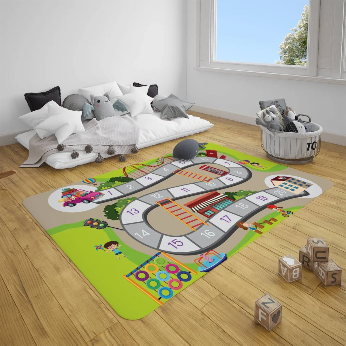 Oyun yolu şehir haritası Çocuk Halısı | Yeşil Yol, arabalar Desenli