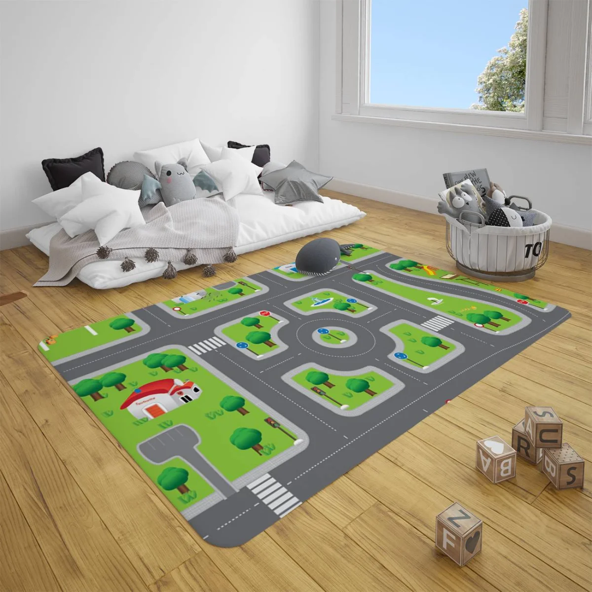 Yol ve şehir deseni Çocuk Halısı | Gri ve Yeşil Yollar, evler Desenli