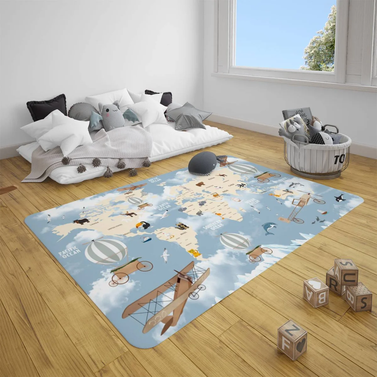 Dünya Haritası, Hava Araçları, Hayvanlar Çocuk Halısı | Mavi Bulutlar, balonlar Desenli