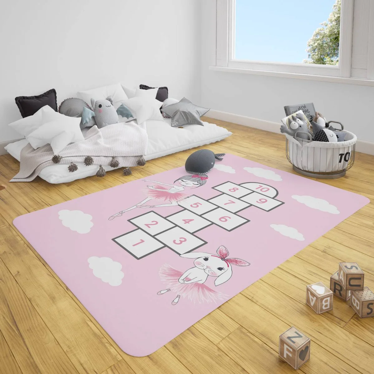 Balerin, Tavşan Çocuk Halısı | Pembe bulutlar, seksek oyunu Desenli