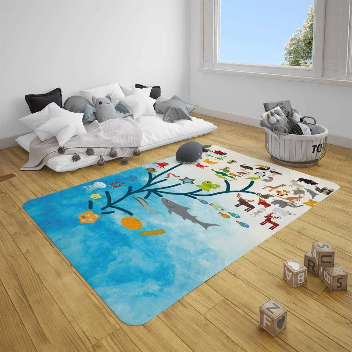 Hayvanlar Alemi Çocuk Halısı | Mavi ve Beyaz Ağaç dalları, balıklar Desenli