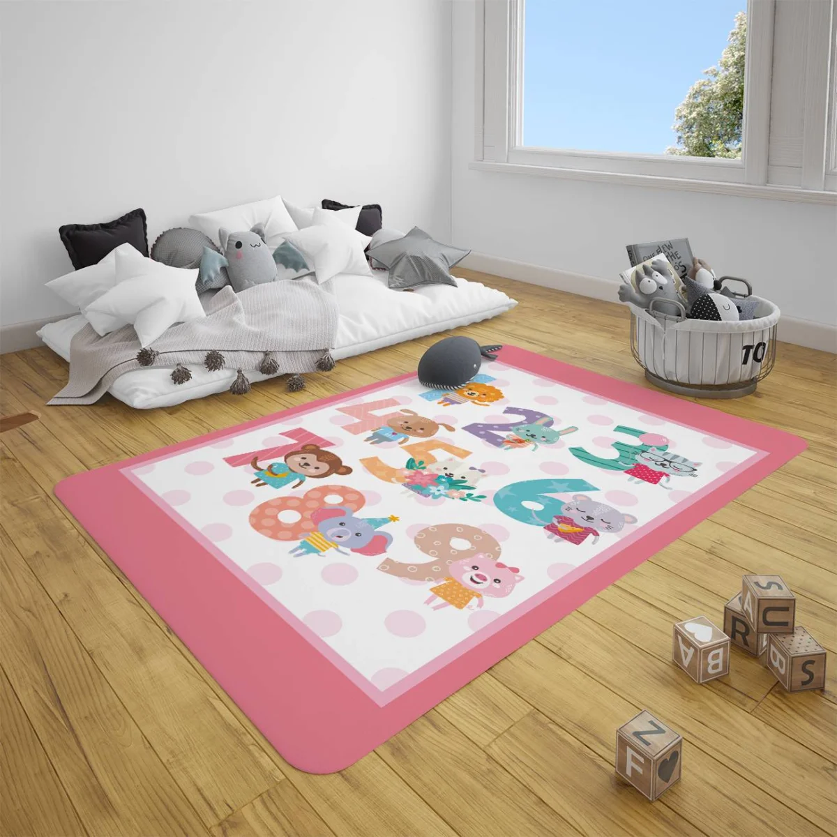 Sayılar ve Orman Hayvanları Çocuk Halısı | Pembe Sayılar, sevimli hayvan figürleri ve pembe puant...