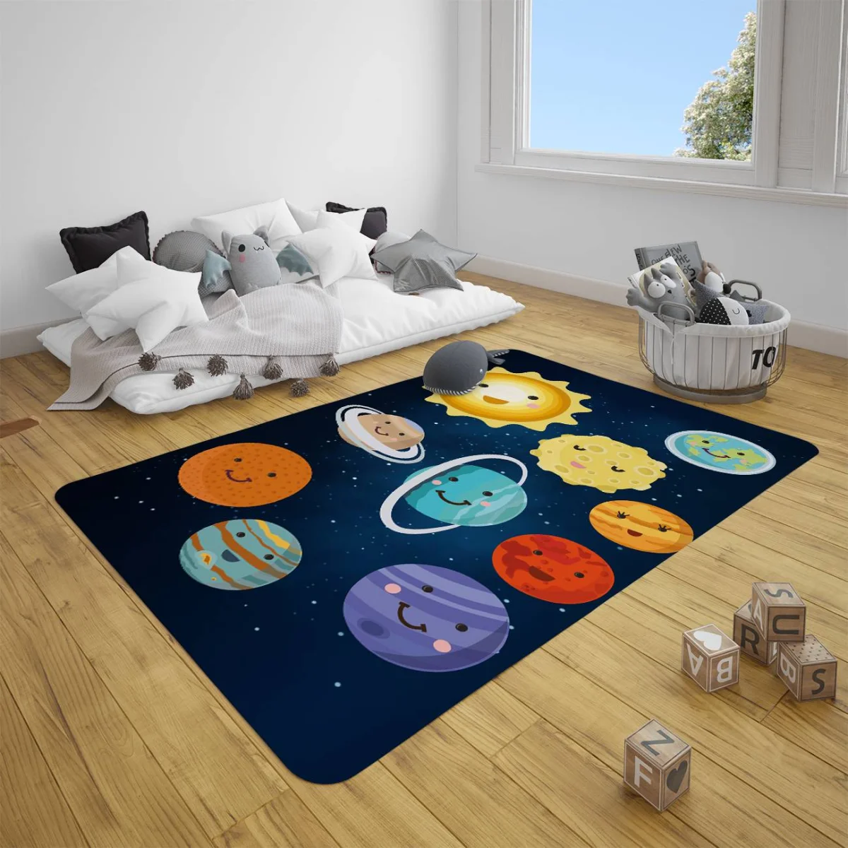 Uzay Çocuk Halısı | Mavi yıldızlar, gezegenler Desenli
