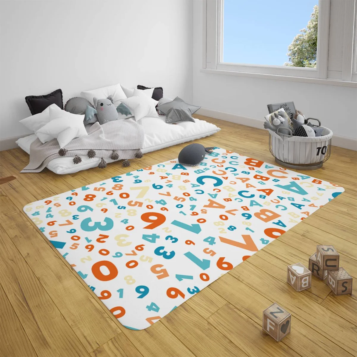 Alfabe ve Sayılar Çocuk Halısı | Beyaz renkli harf ve sayı karışımı, farklı boyutlarda Desenli