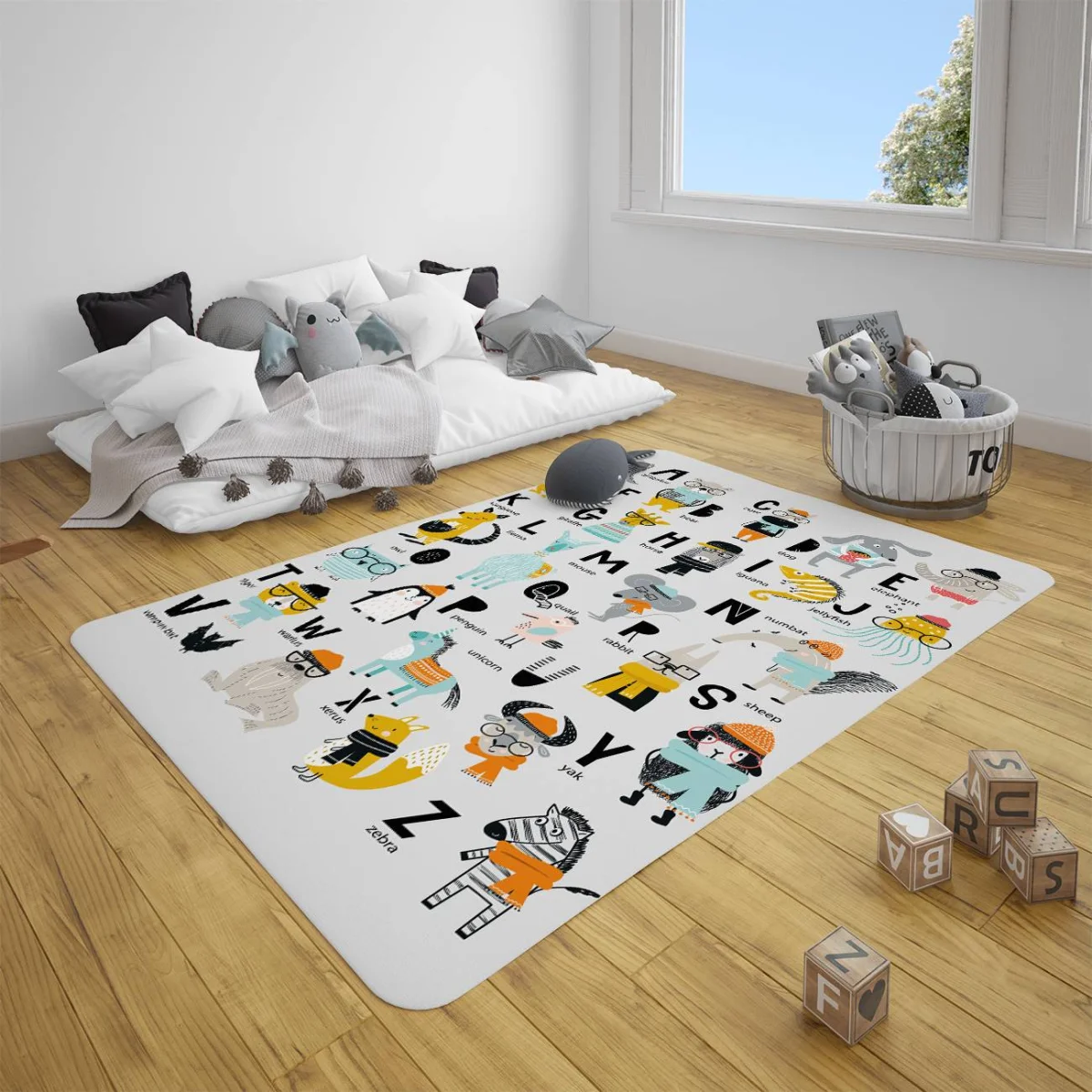 Sevimli Hayvanlar Alfabesi Çocuk Halısı | Beyaz alfabe ve sevimli hayvan çizimleri Desenli