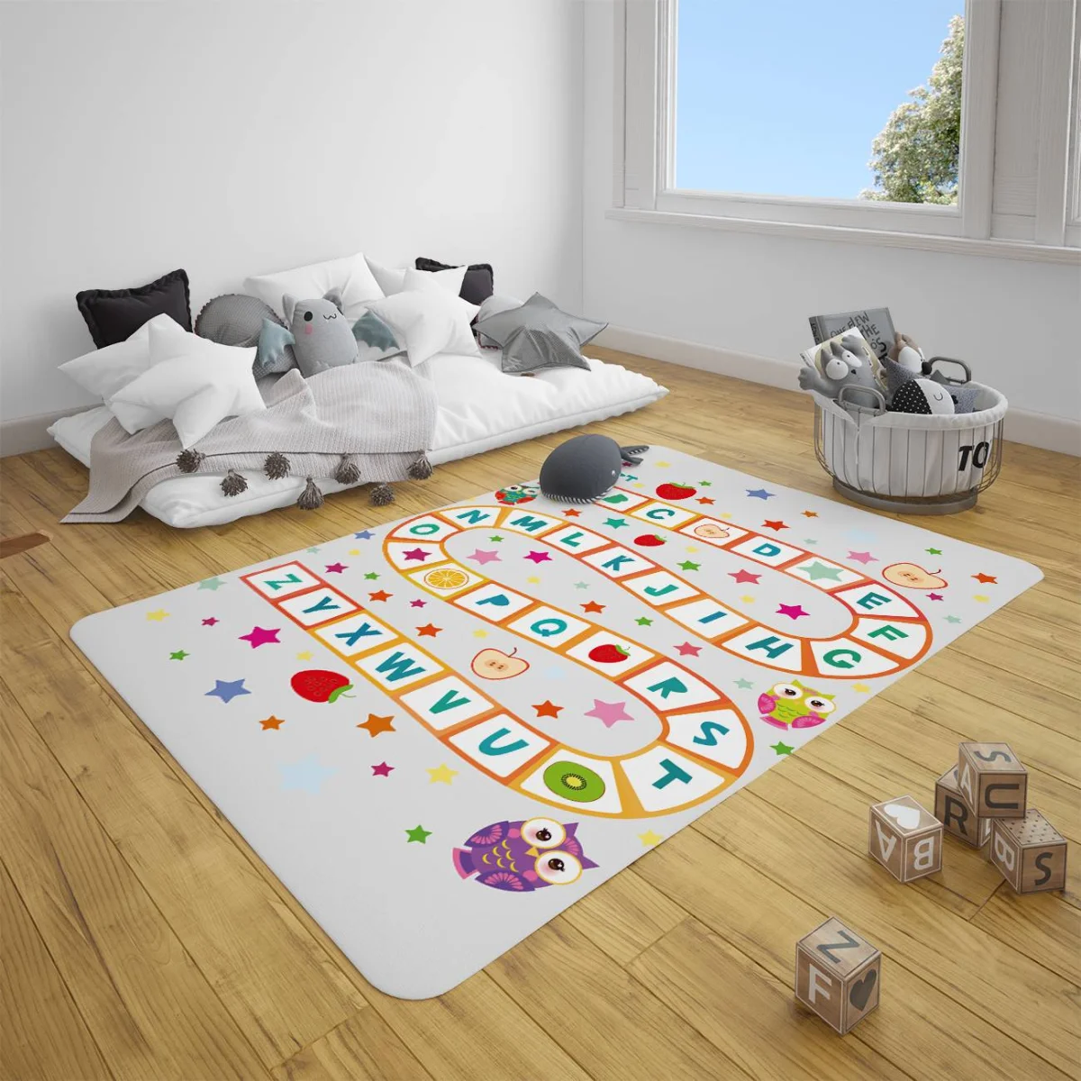 Alfabe oyun yolu, sevimli baykuşlar, meyveler Çocuk Halısı | Beyaz Yıldızlar, harfler Desenli