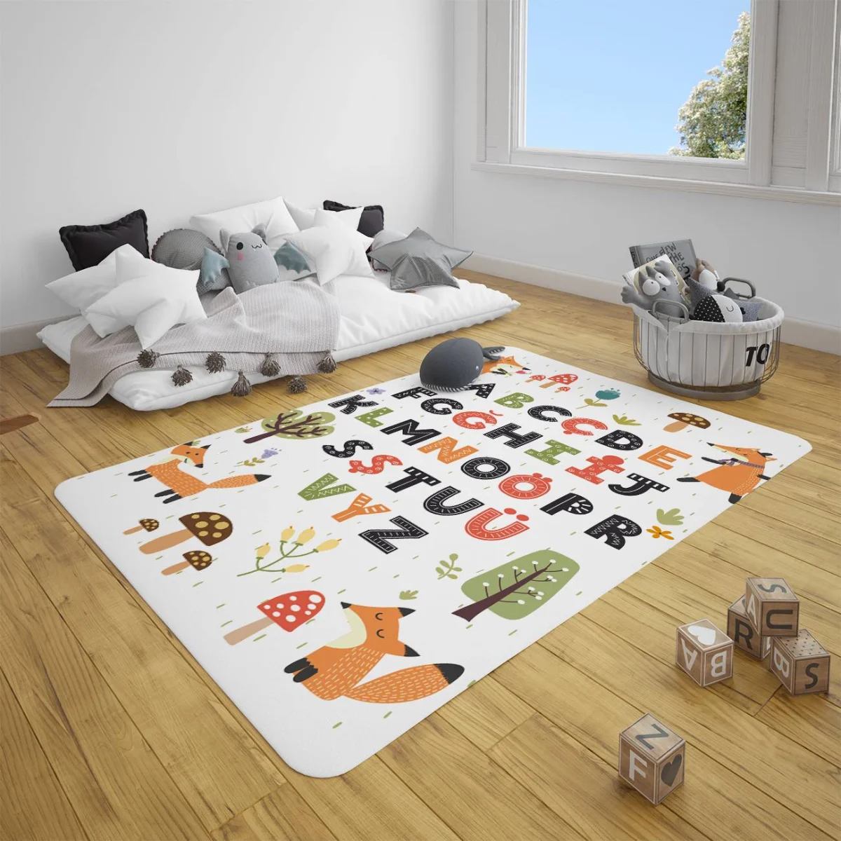 Orman Hayvanları, Alfabe Çocuk Halısı | Beyaz tilki, mantar Desenli