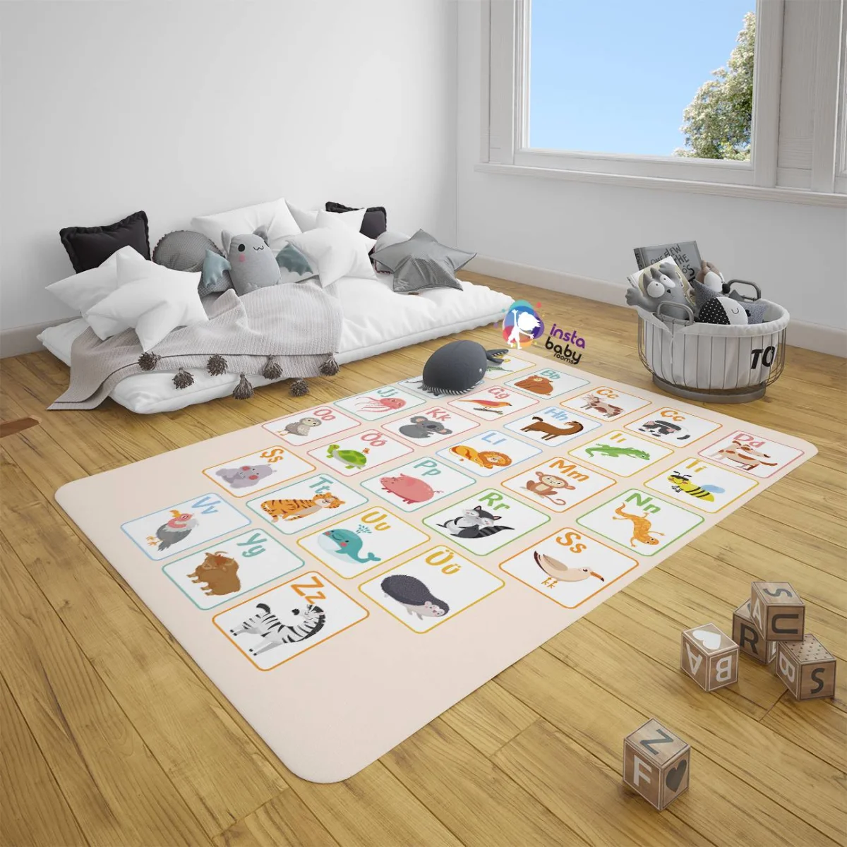 Hayvanlar ve Alfabe Çocuk Halısı | Krem Alfabe harfleri, çeşitli hayvanlar Desenli