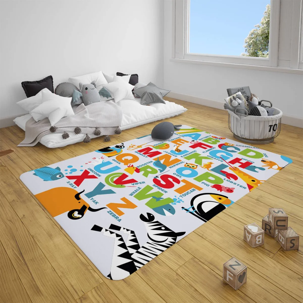Hayvanlar ve Alfabe Çocuk Halısı | Açık Gri Renkli harfler ve çeşitli hayvan figürleri Desenli