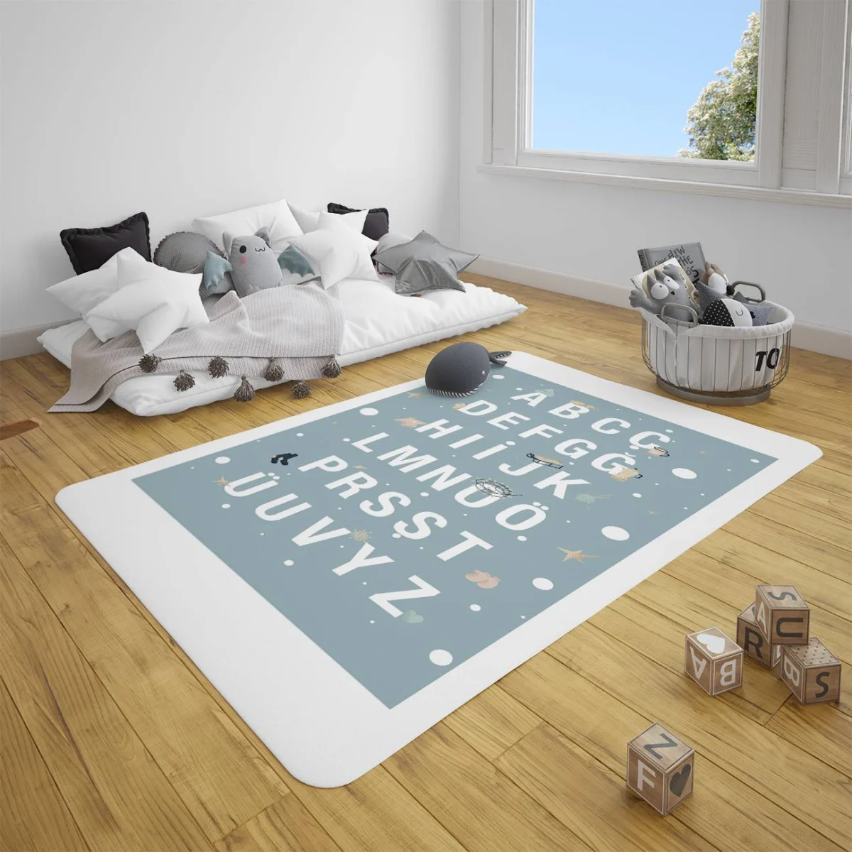 Alfabe harfleri Çocuk Halısı | Mavi yıldızlar, bulutlar Desenli