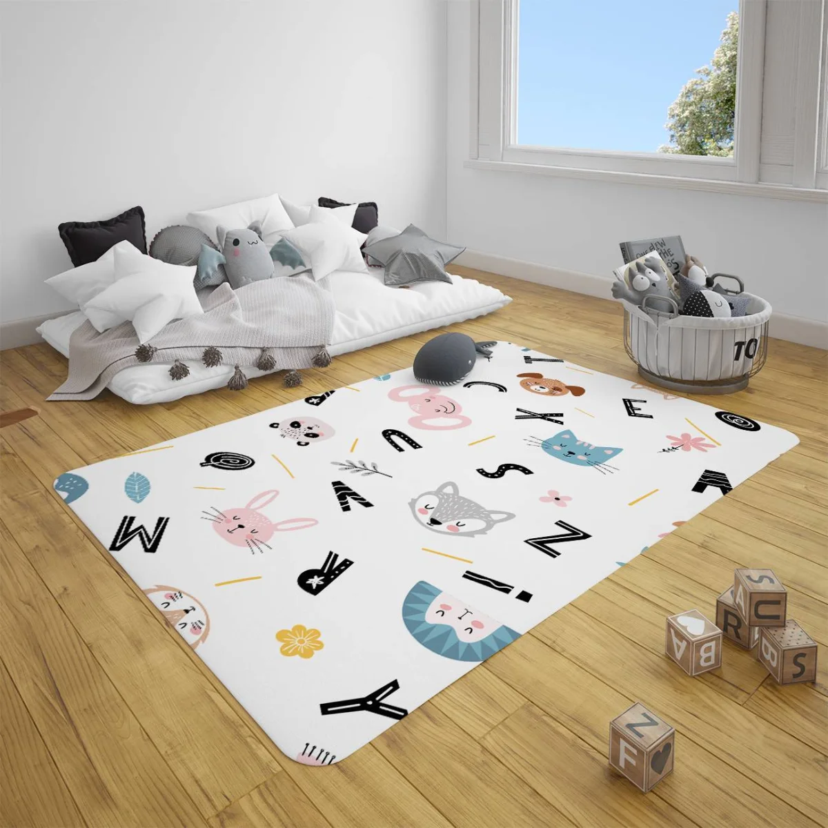 Hayvanlar ve Alfabe Çocuk Halısı | Beyaz harfler, hayvanlar Desenli