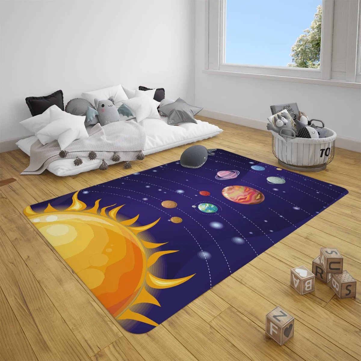 Uzay Çocuk Halısı | Mavi gezegenler, güneş Desenli