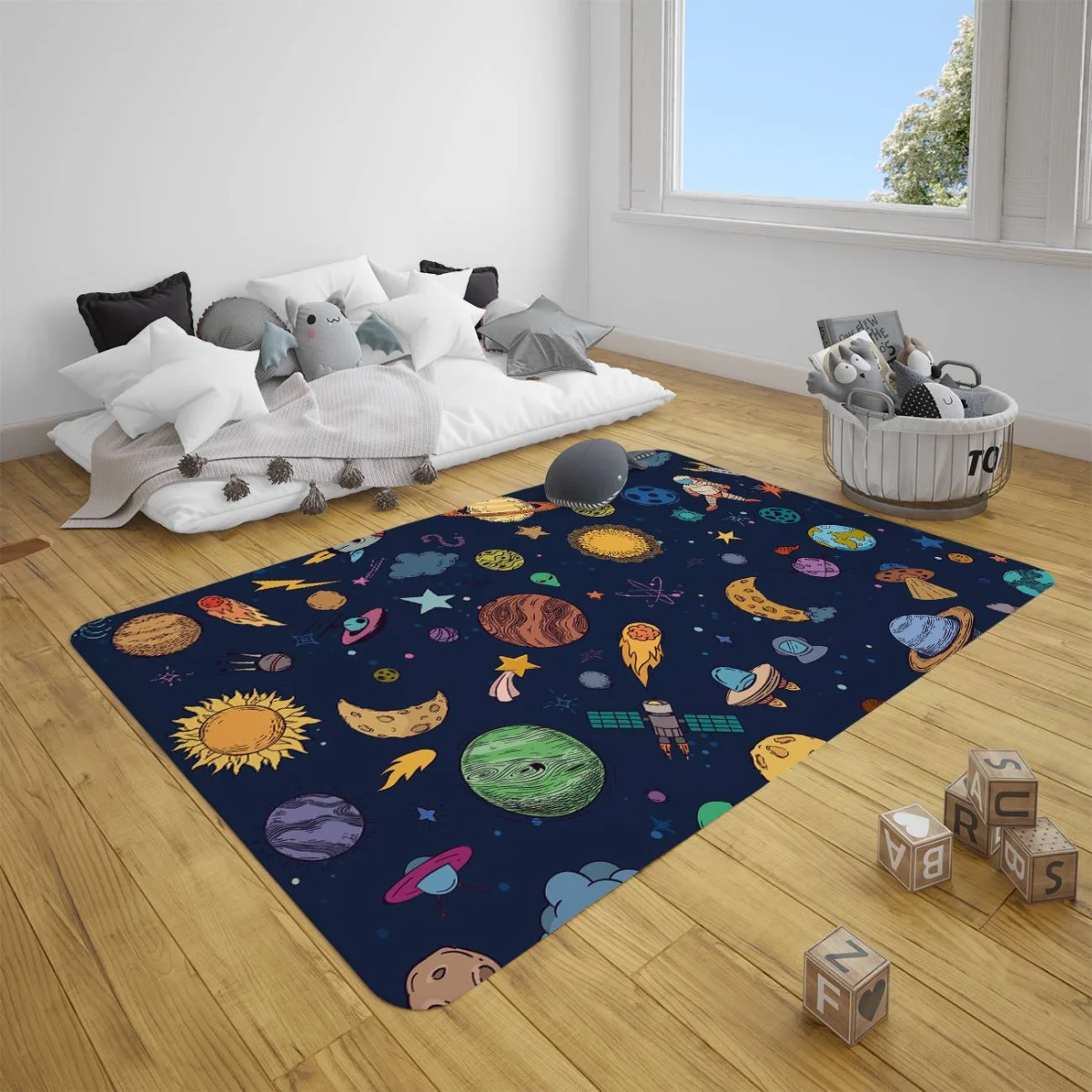 Uzay Çocuk Halısı | Lacivert yıldızlar, gezegenler Desenli
