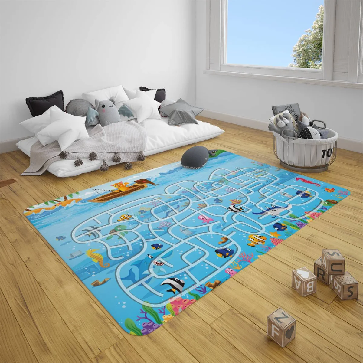 Deniz canlıları, labirent, balıkçı kedi Çocuk Halısı | Mavi Labirent, mercanlar Desenli