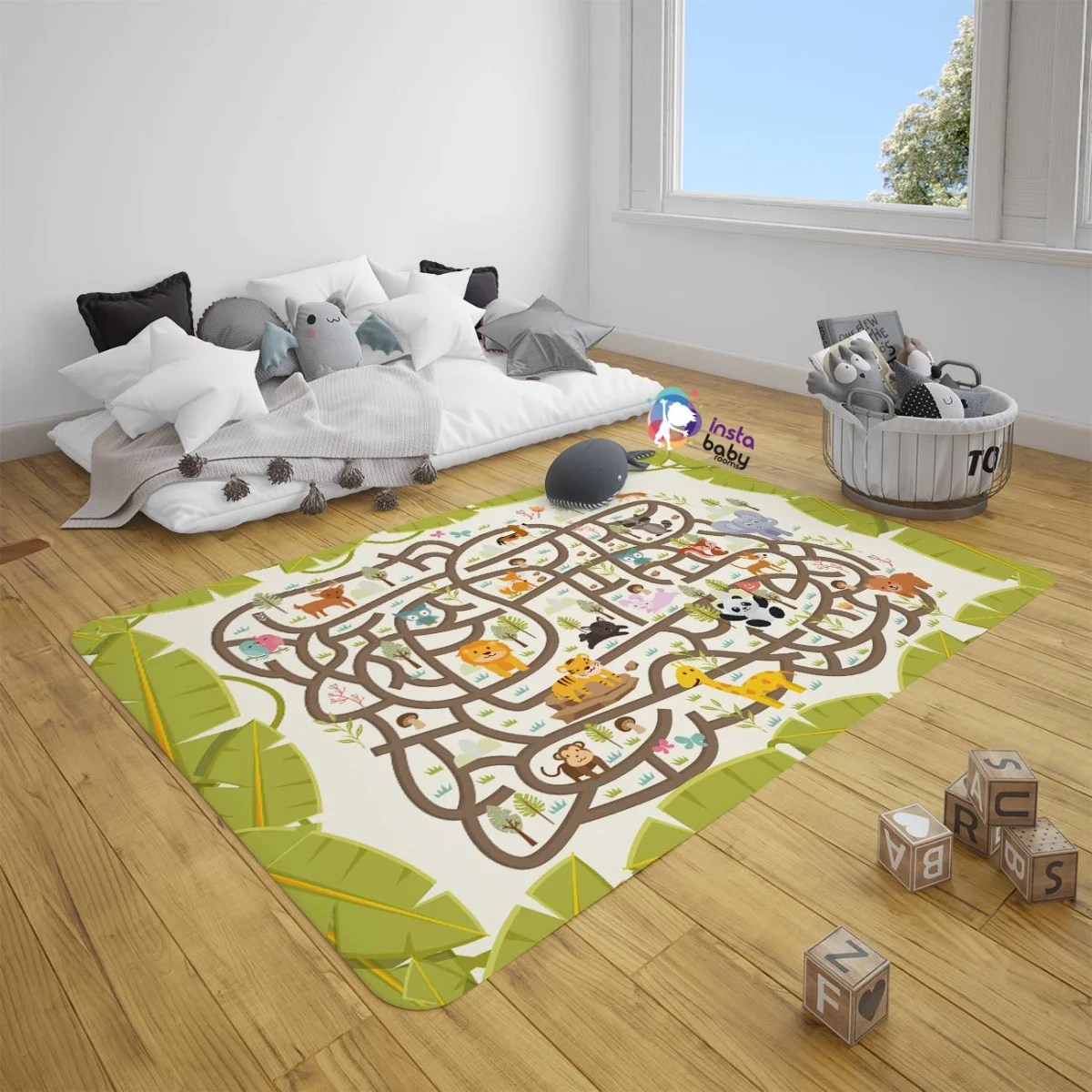Orman Hayvanları Çocuk Halısı | Beyaz Labirent, ağaçlar Desenli