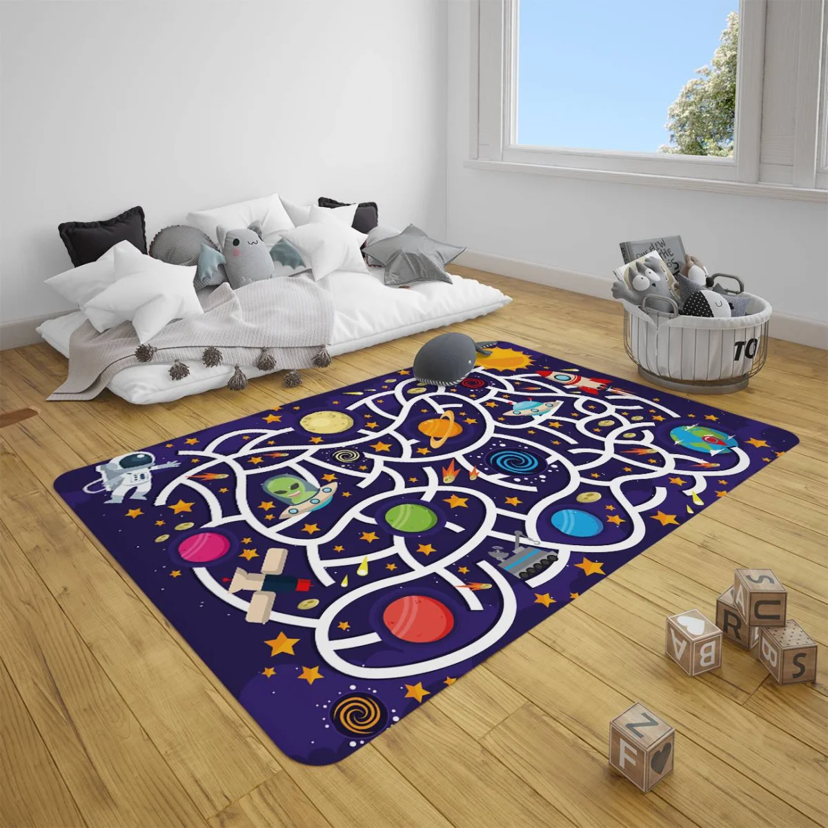 Uzay Çocuk Halısı | Mor yıldız, gezegenler Desenli