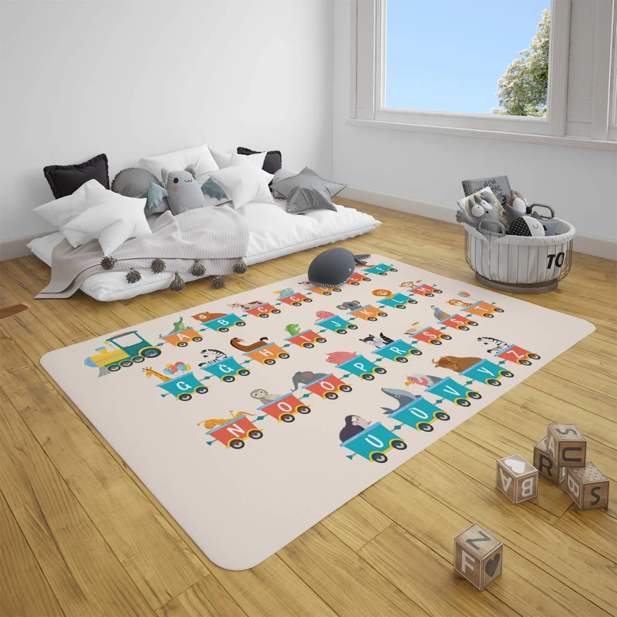 Hayvanlar Çocuk Halısı | Bej Alfabe treni, harfler Desenli