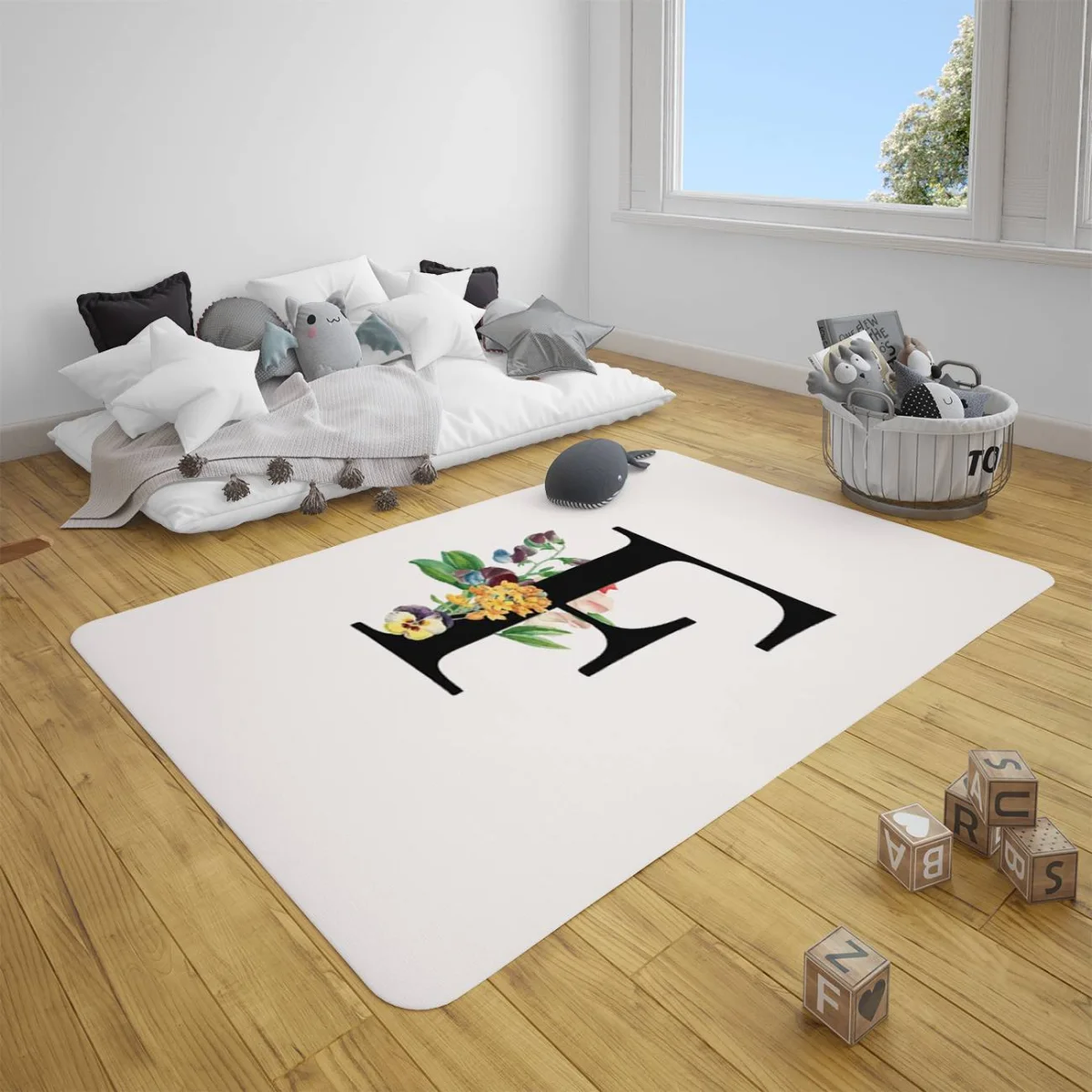 Çiçekli Harf Çocuk Halısı | Beyaz siyah F harfi, rengarenk çiçekler Desenli