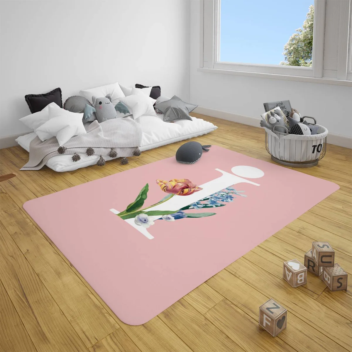 Çiçekli Harf Çocuk Halısı | Pembe lale, sümbül ve çeşitli çiçekler Desenli