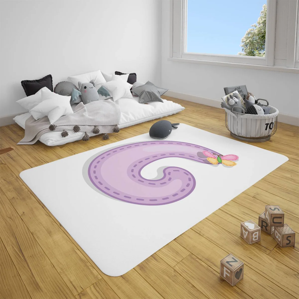 Harf ve kelebek Çocuk Halısı | Beyaz Mor G harfi, dikiş detayları Desenli