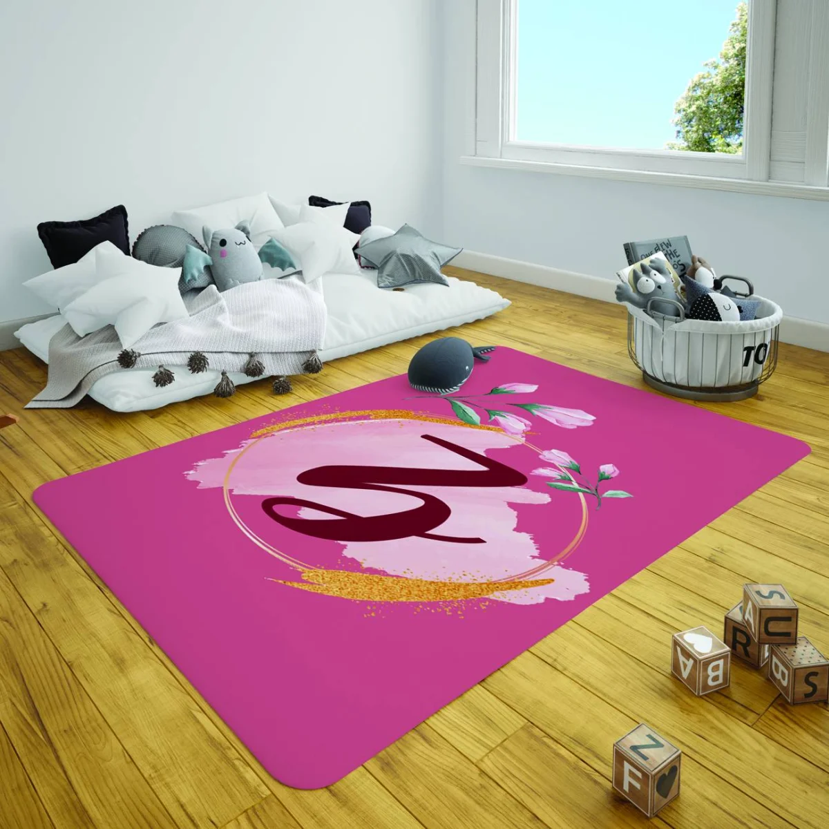 Kişiselleştirilmiş harf ve çiçekler Çocuk Halısı | Pembe Altın ışıltı, suluboya fırça darbesi Des...