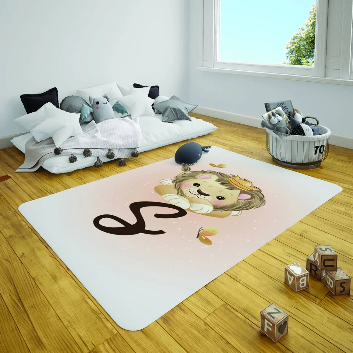 Aslan Çocuk Halısı | Pembe taç, S harfi Desenli