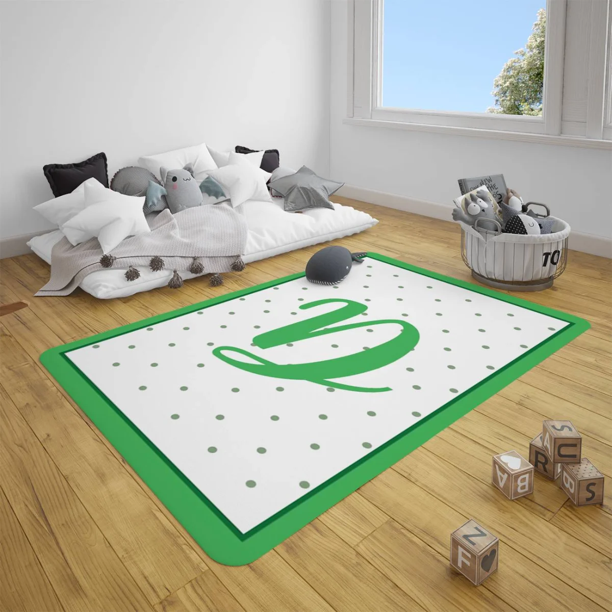 Monogram Çocuk Halısı | Beyaz yeşil puantiyeler, büyük yeşil harf Desenli